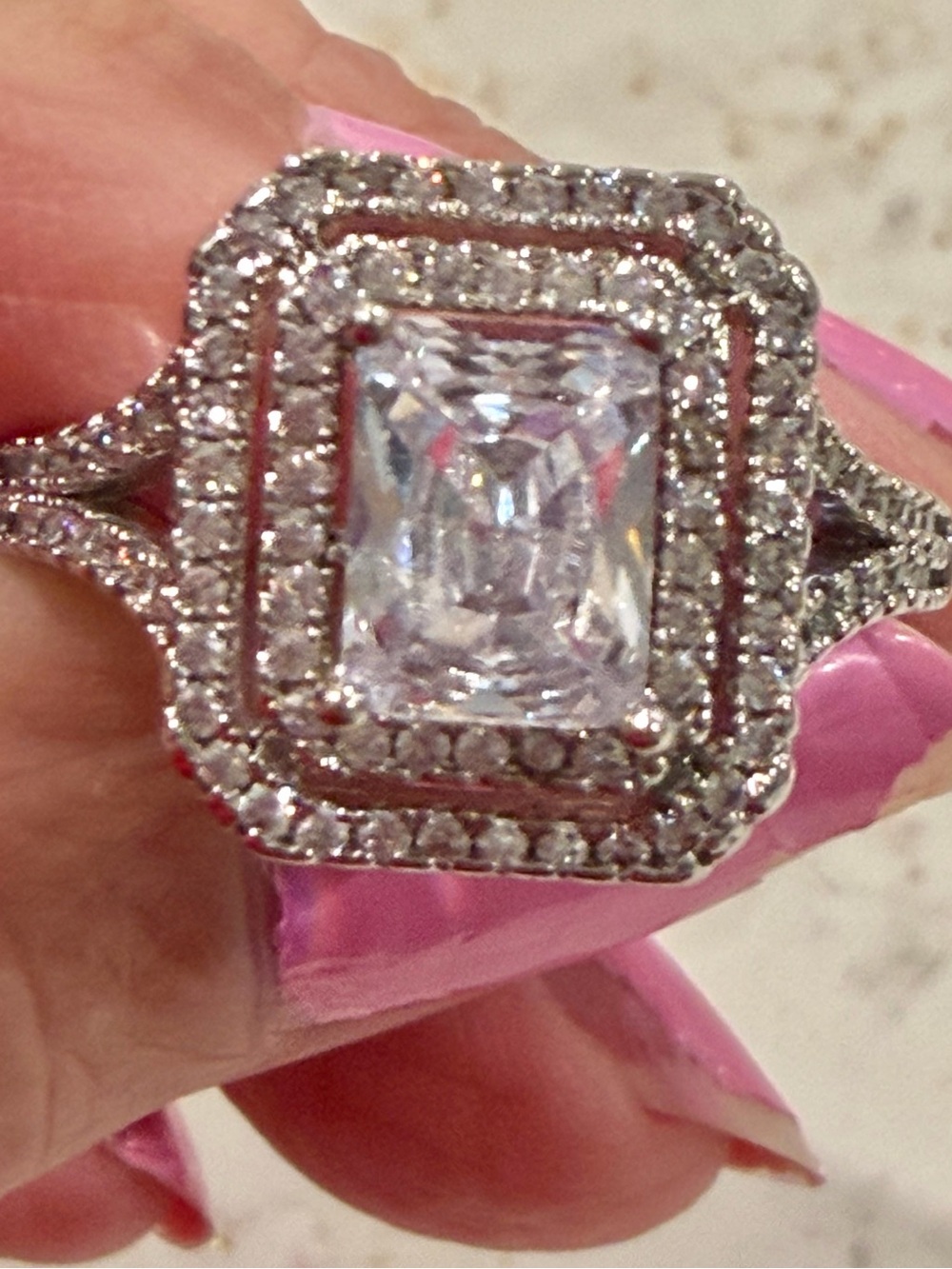 S925 Sterling Silver Double Halo Emerald-Cut Ring 9